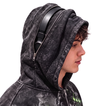 Headphones fit inside the hood
