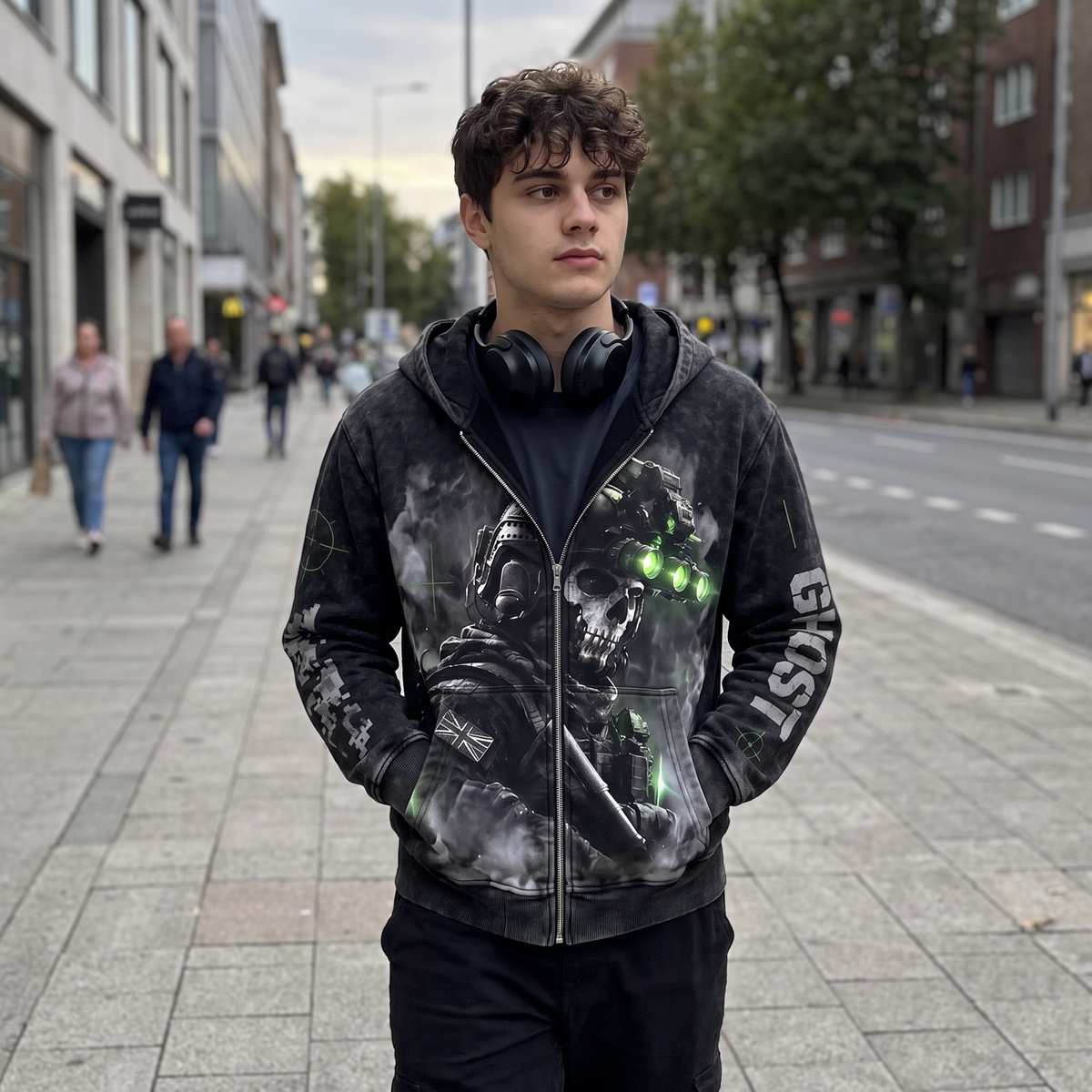 Ghost Comms hoodie worn on the street